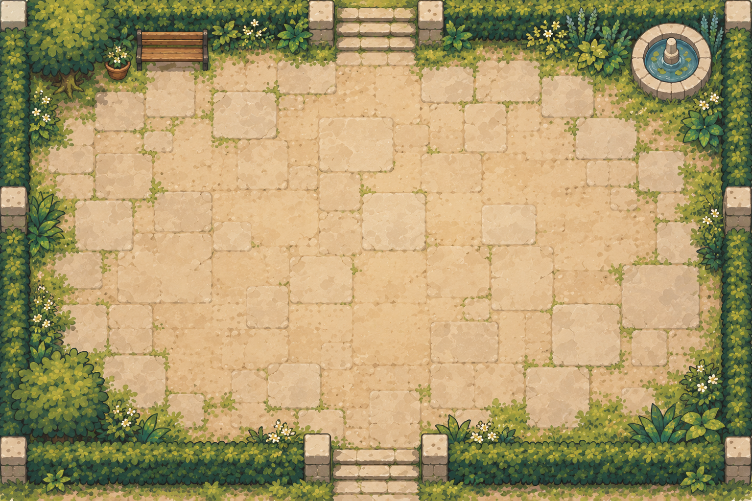 A leafy courtyard with an open stone-paved space for play